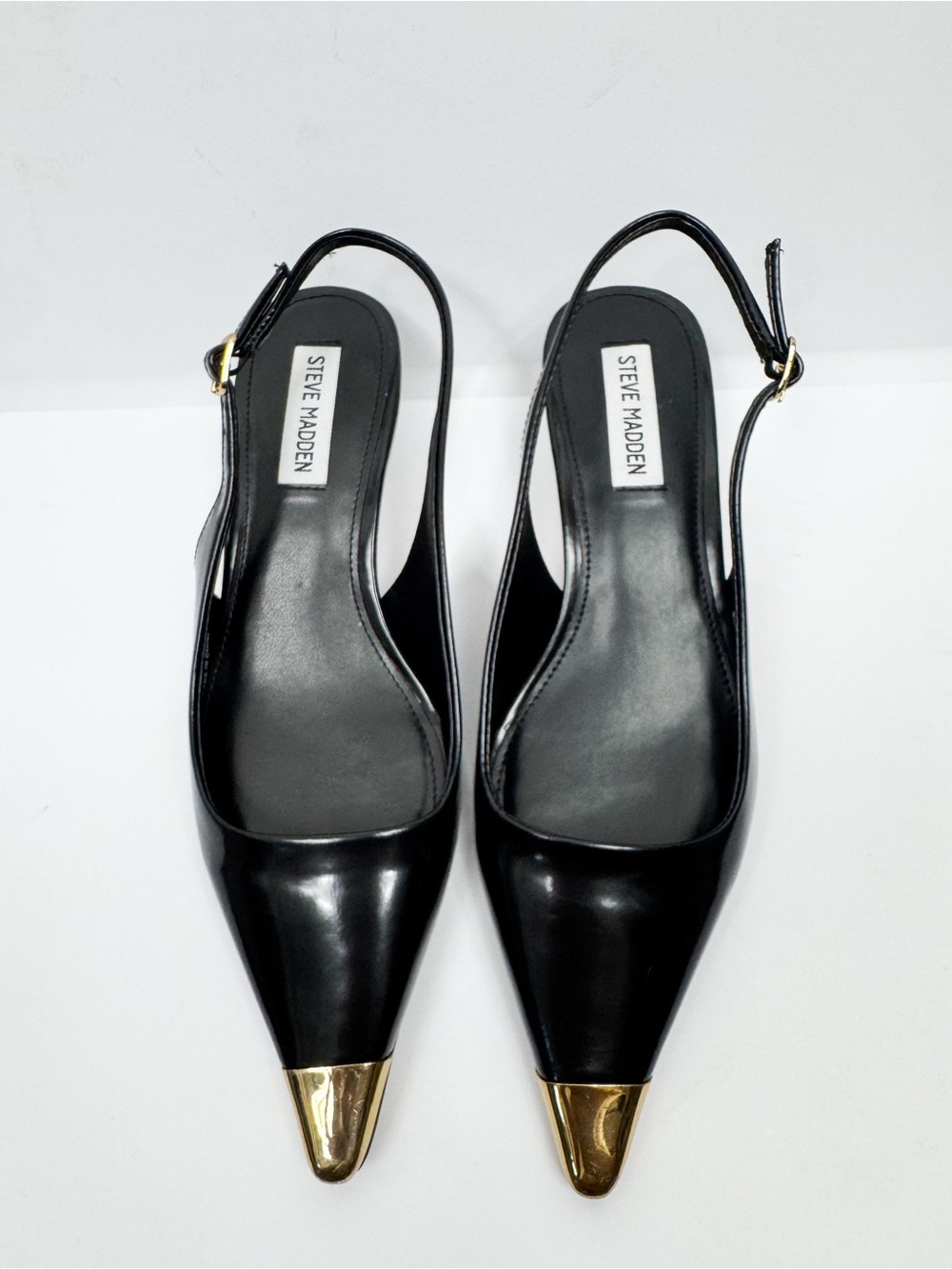 Steve Madden Kenz Black Leather Gold Metal Cap Toe Slingback Kitten Heels 7.5